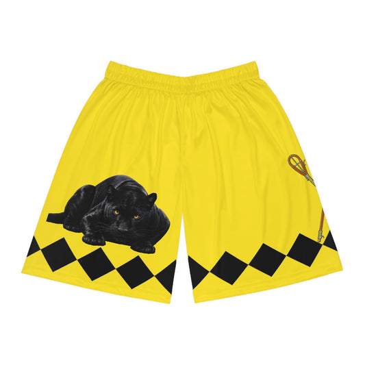 Yellow Panther Basketball Shorts — Retro Diamond Trim AOP