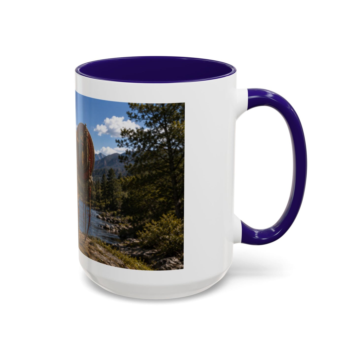 Chickasaw Warrior Statue Scenic Mug — Mythic Landscape Coffee Cup (11oz/15oz)