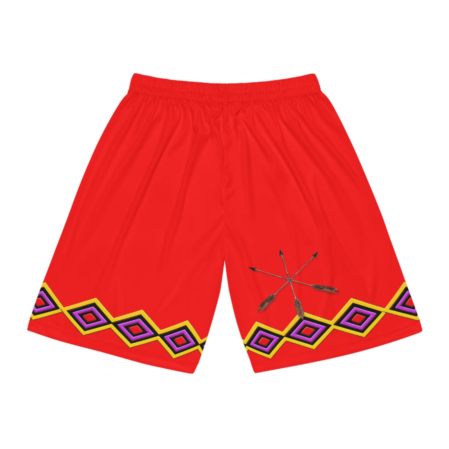 Bear RED Tribal Basketball Shorts — Red AOP Athletic Shorts with Bear & Arrow Motif