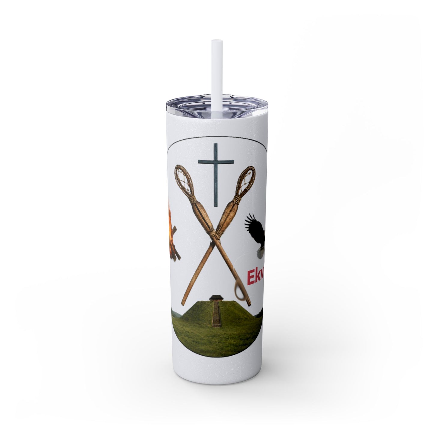 Kialegee 20oz Skinny Tumbler — Faith & Outdoor Lacrosse Design with Cross, Sticks, Campfire