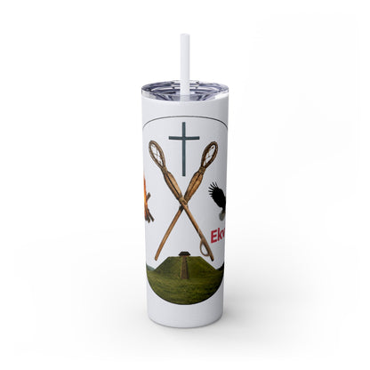 Kialegee 20oz Skinny Tumbler — Faith & Outdoor Lacrosse Design with Cross, Sticks, Campfire