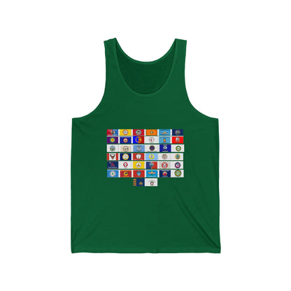 Flag Grid & Arrow Minimalist Tank Top — Graphic Travel & Adventure Muscle Tee