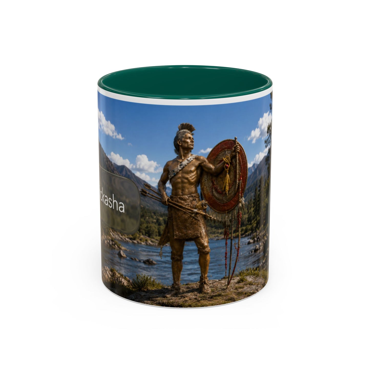 Chickasaw Warrior Statue Scenic Mug — Mythic Landscape Coffee Cup (11oz/15oz)