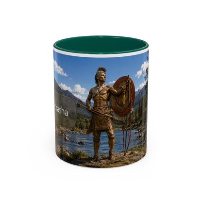Chickasaw Warrior Statue Scenic Mug — Mythic Landscape Coffee Cup (11oz/15oz)