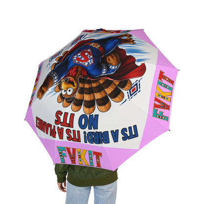 Turkey Foldable Umbrella — Colorful Cartoon Turkey ‘My Body! It’s a Plane? No It’s’ Novelty Travel Umbrella
