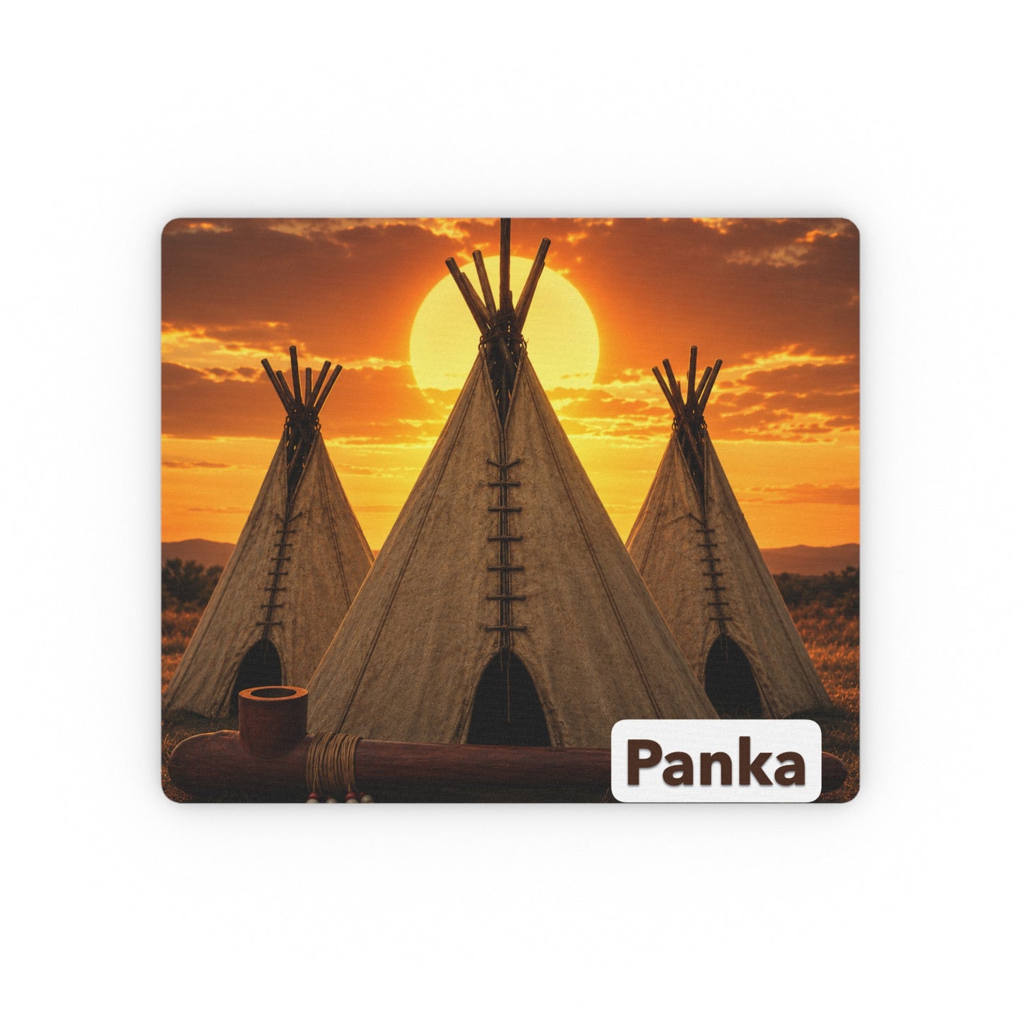 Ponca Teepee Sunset Mouse Pad — Rustic Native-Inspired Desk Mat with 'Panka' Accent