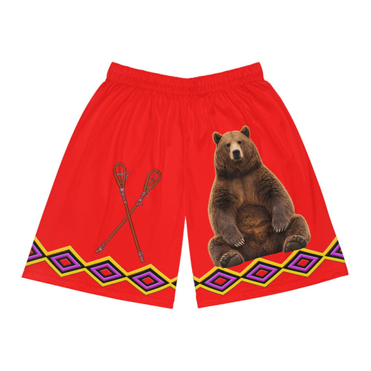 Bear RED Tribal Basketball Shorts — Red AOP Athletic Shorts with Bear & Arrow Motif