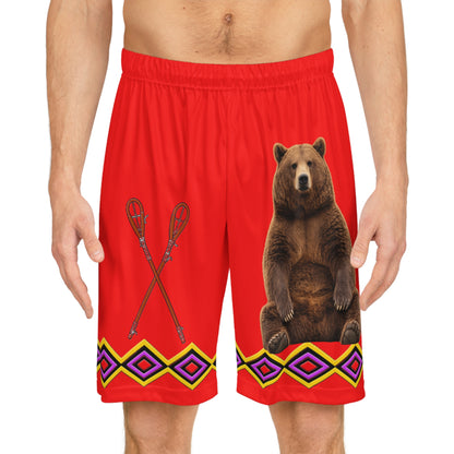 Bear RED Tribal Basketball Shorts — Red AOP Athletic Shorts with Bear & Arrow Motif