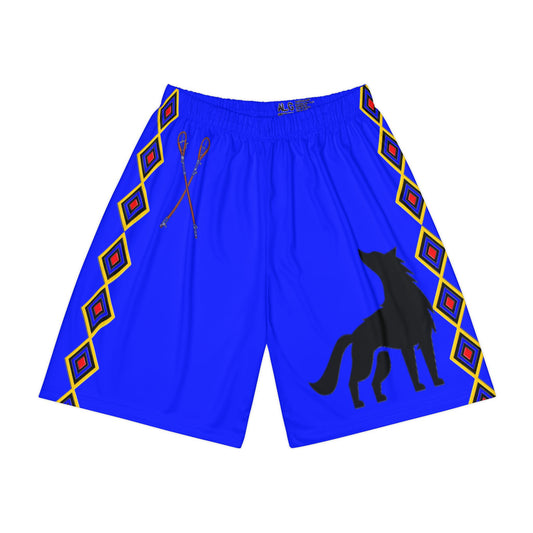 Blue Wolf Choctaw Graphic Sports Shorts — Red Tribal Print "NASHOBA" Athletic Shorts
