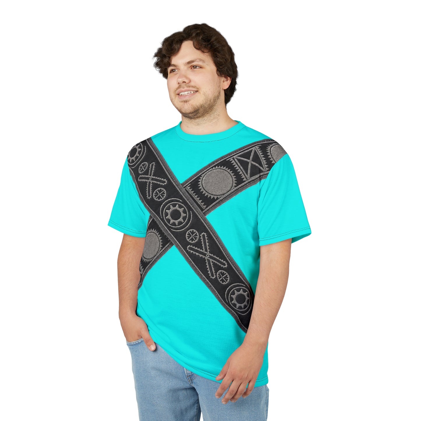 Bandolier Turquoise X Gear Tee — Industrial Steampunk Crossed Belt All-Over Print T‑Shirt