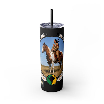 Kiowa Native Warrior on Horse 20oz Skinny Tumbler — Indigenous Heritage Travel Cup with Straw
