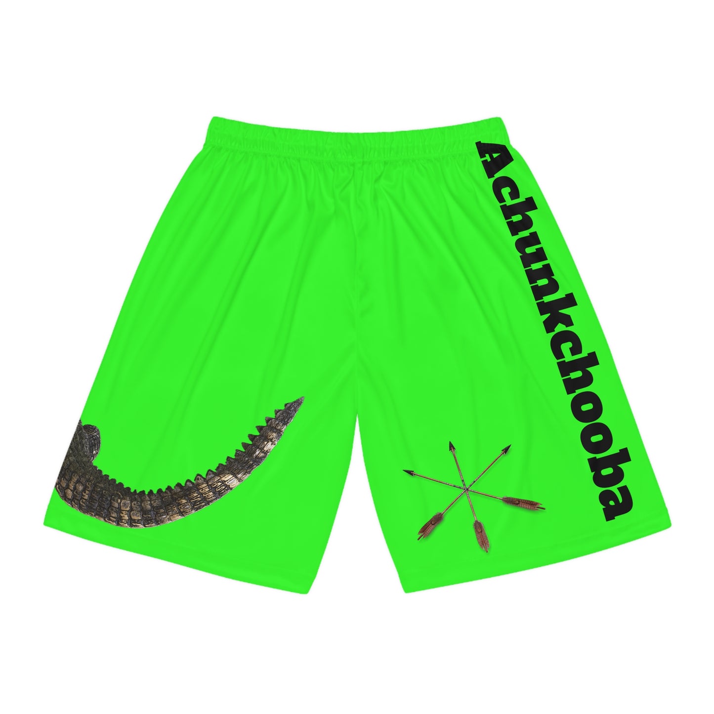 Alligator Achunkchooba Lacrosse Shorts — Neon Green Graphic Basketball Shorts with Croc & Sticks