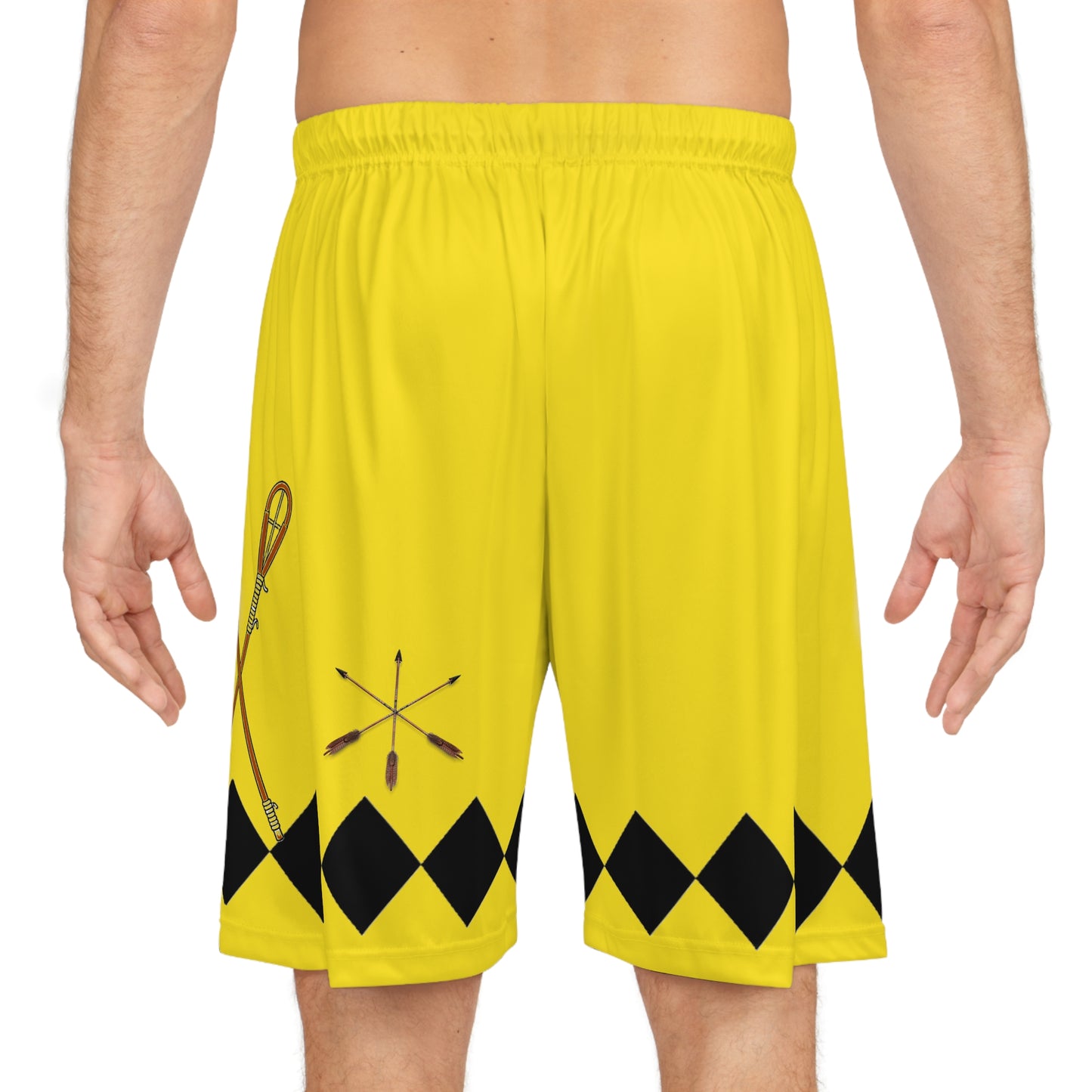 Yellow Panther Basketball Shorts — Retro Diamond Trim AOP