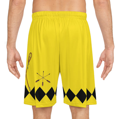 Yellow Panther Basketball Shorts — Retro Diamond Trim AOP
