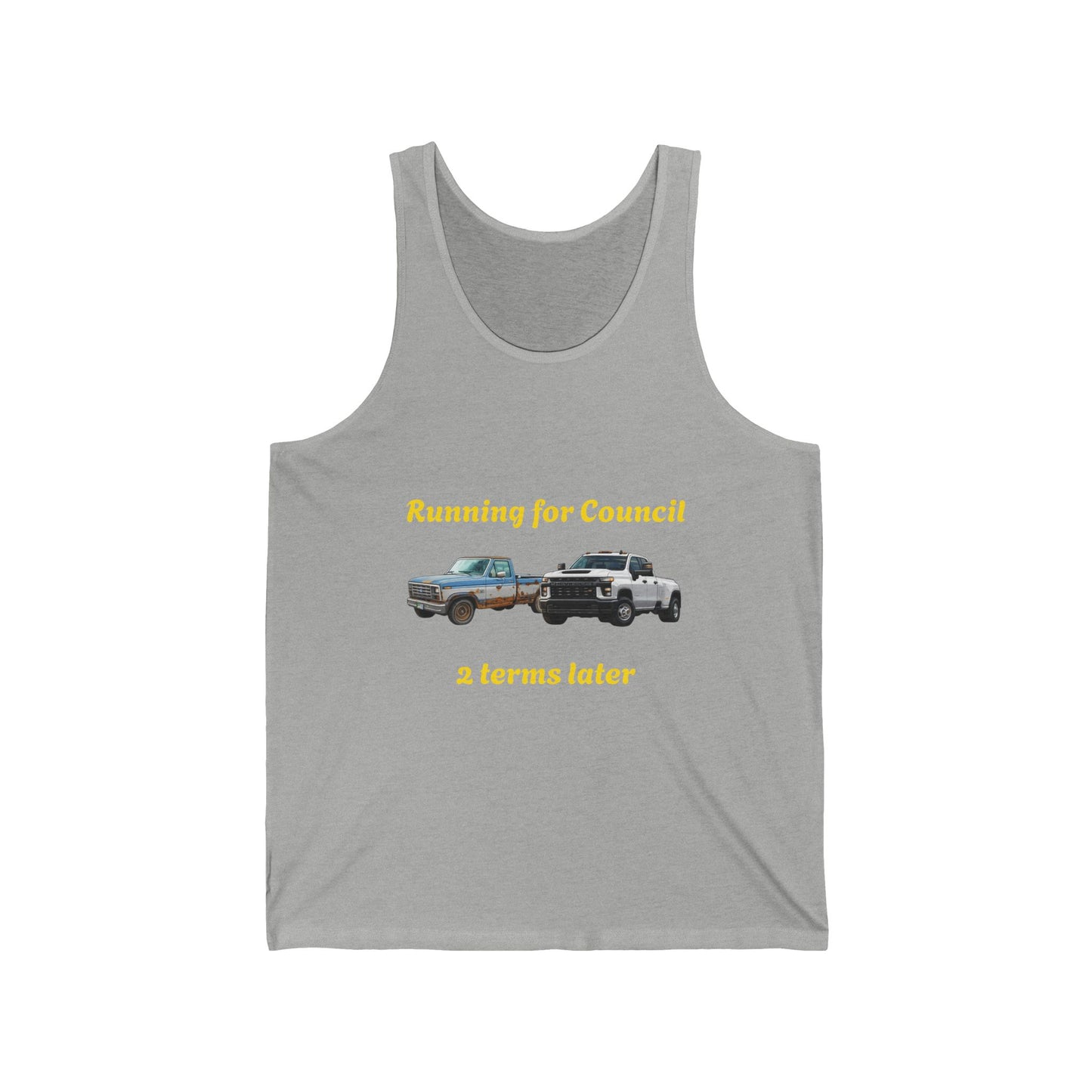 Campaign Tank Top – "Running for Council 2 Terms Later" Political Car Graphic