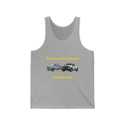 Campaign Tank Top – "Running for Council 2 Terms Later" Political Car Graphic