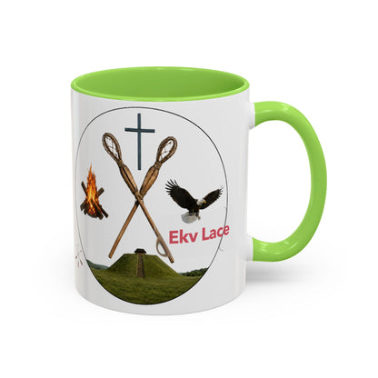 Kialegee Adventure Mug — 'Ekv Lace' Cross, Eagle & Campfire Ceramic Coffee Cup (11oz/15oz)