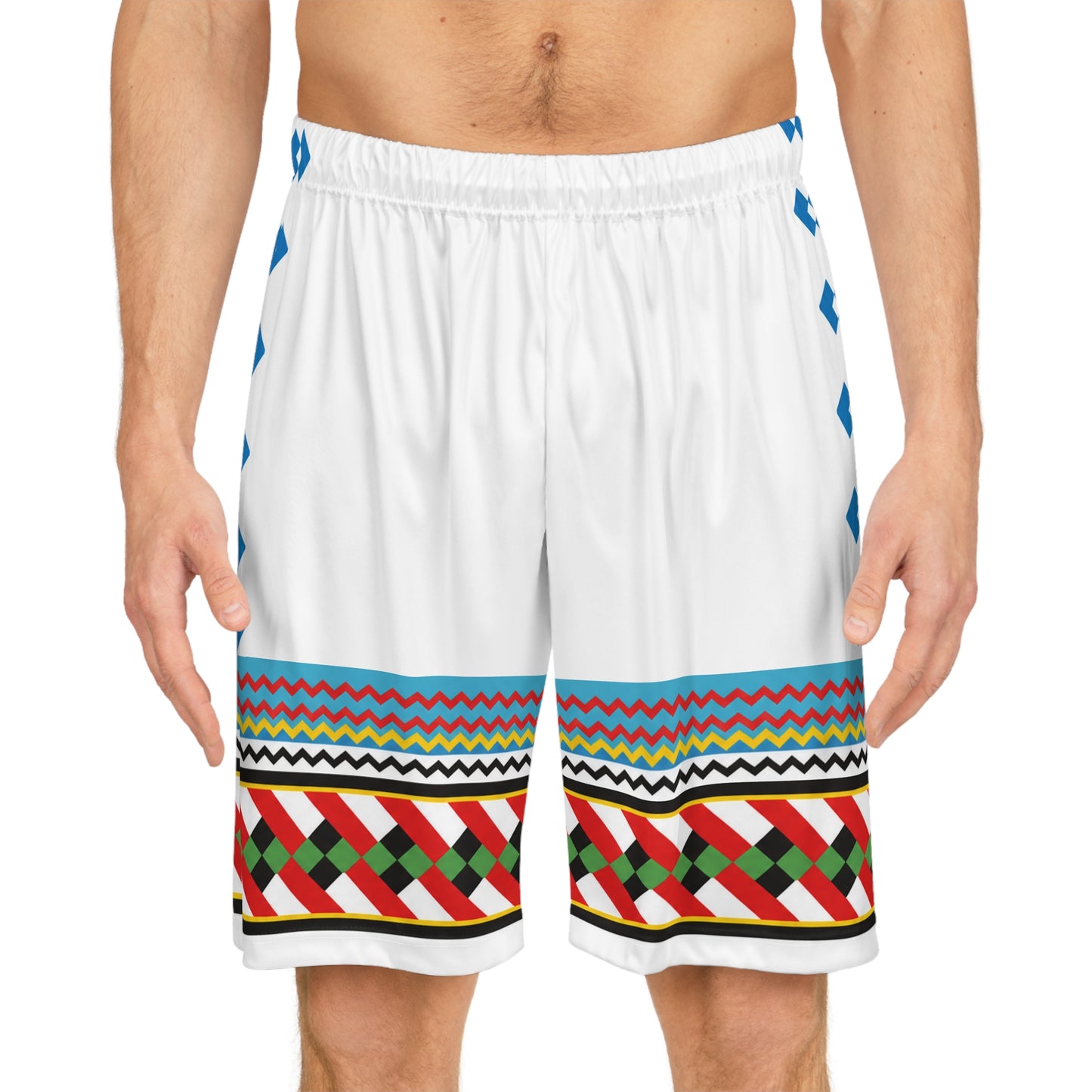 Seminole Inspired Pattern Basketball Shorts — Colorful Geometric AOP Athletic Shorts