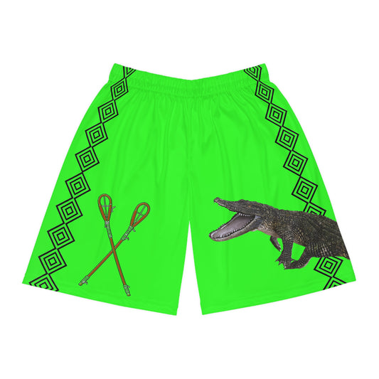 Alligator Hvlbvtv Lacrosse Shorts — Neon Green Graphic Basketball Shorts with Croc & Sticks
