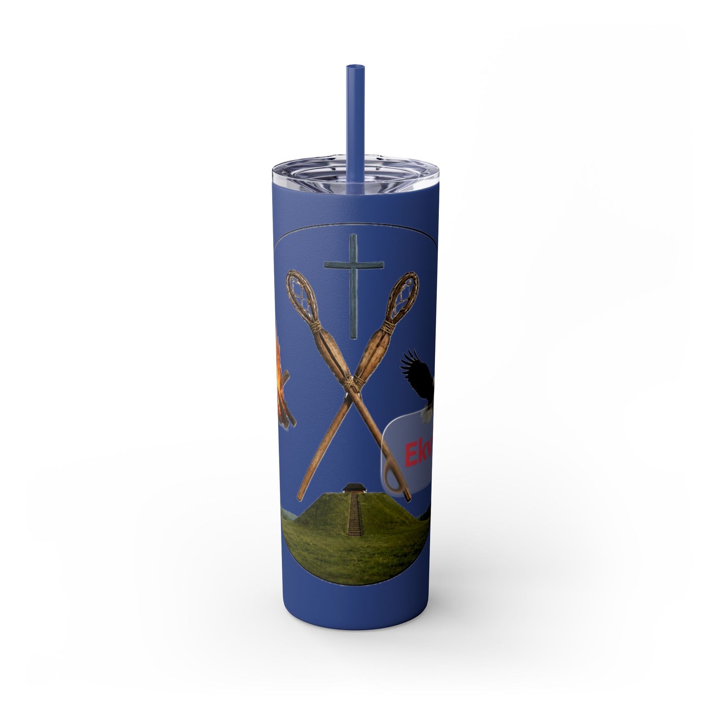Kialegee 20oz Skinny Tumbler — Faith & Outdoor Lacrosse Design with Cross, Sticks, Campfire