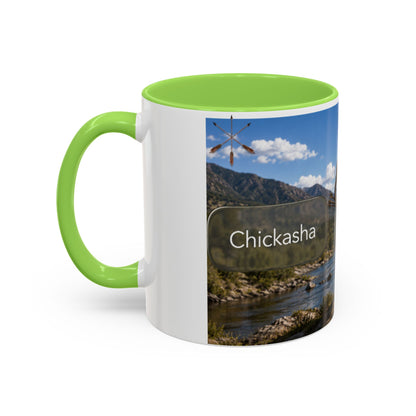 Chickasaw Warrior Statue Scenic Mug — Mythic Landscape Coffee Cup (11oz/15oz)