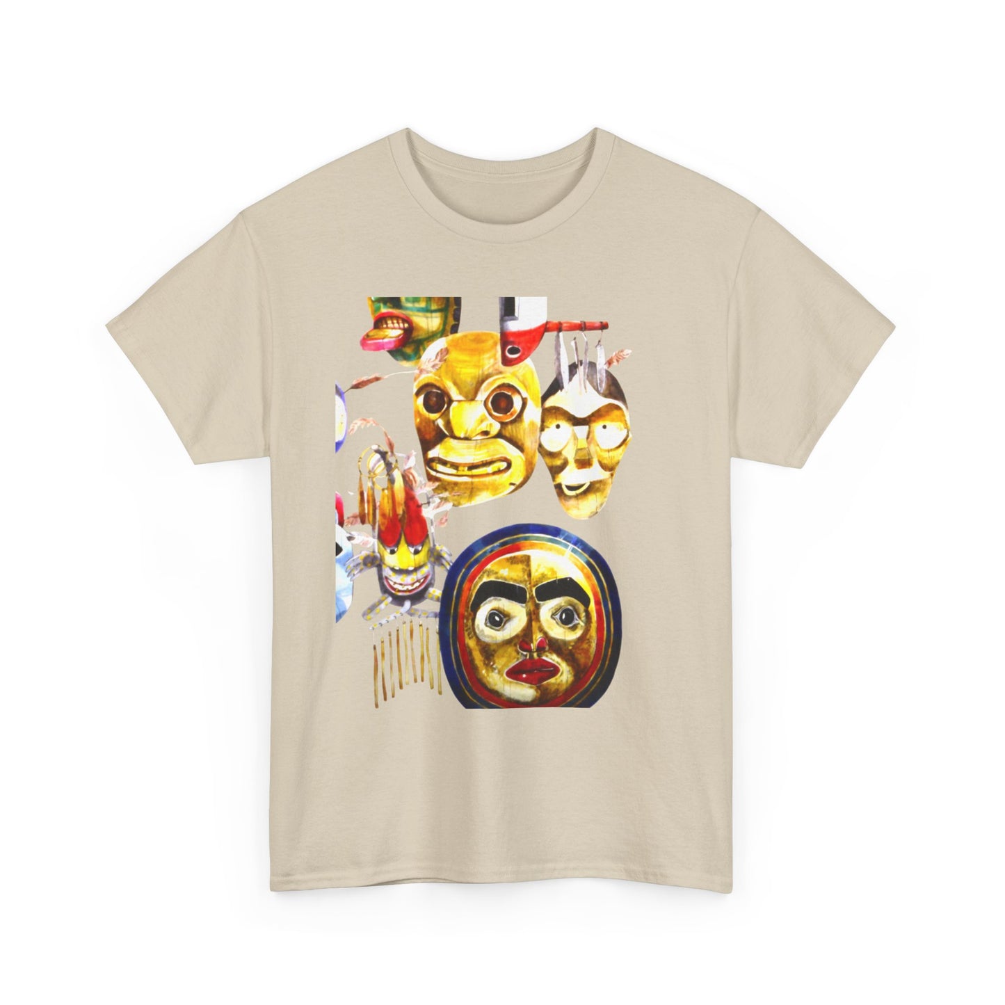 Mask Print Tee — Tribal Mask Artwork T‑Shirt with Arrow Backprint