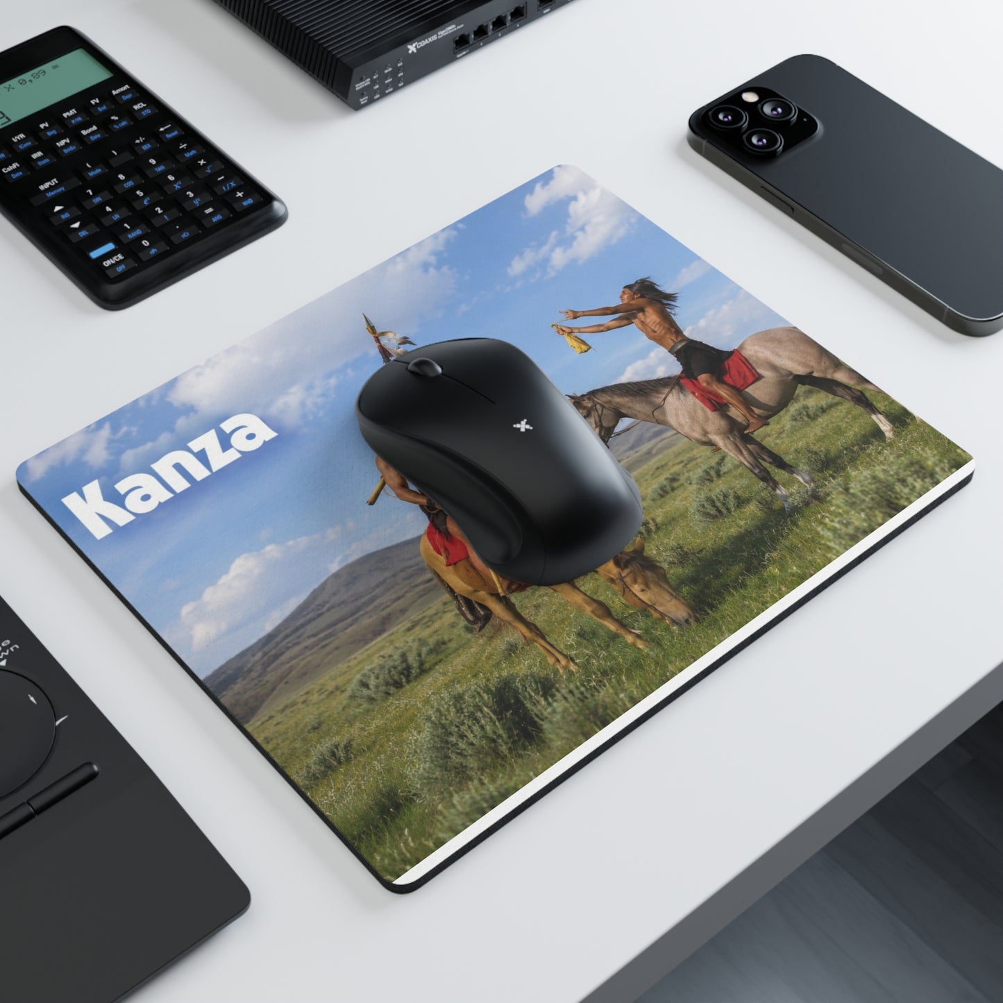 Kaw Kanza Native Riders Rectangular Mouse Pad — Scenic Indigenous History Desk Mat