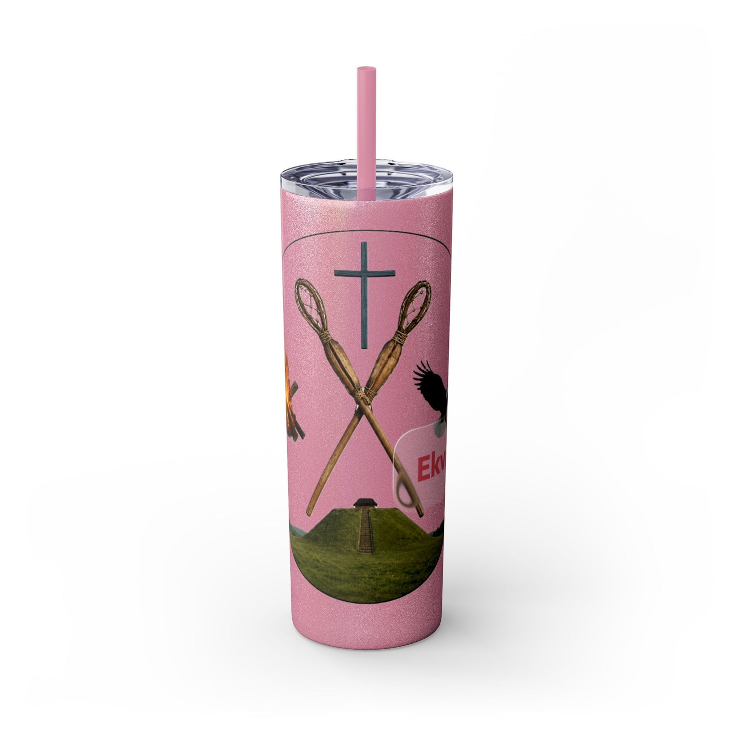Kialegee 20oz Skinny Tumbler — Faith & Outdoor Lacrosse Design with Cross, Sticks, Campfire