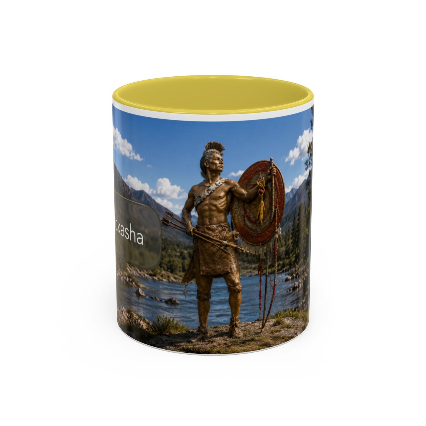 Chickasaw Warrior Statue Scenic Mug — Mythic Landscape Coffee Cup (11oz/15oz)