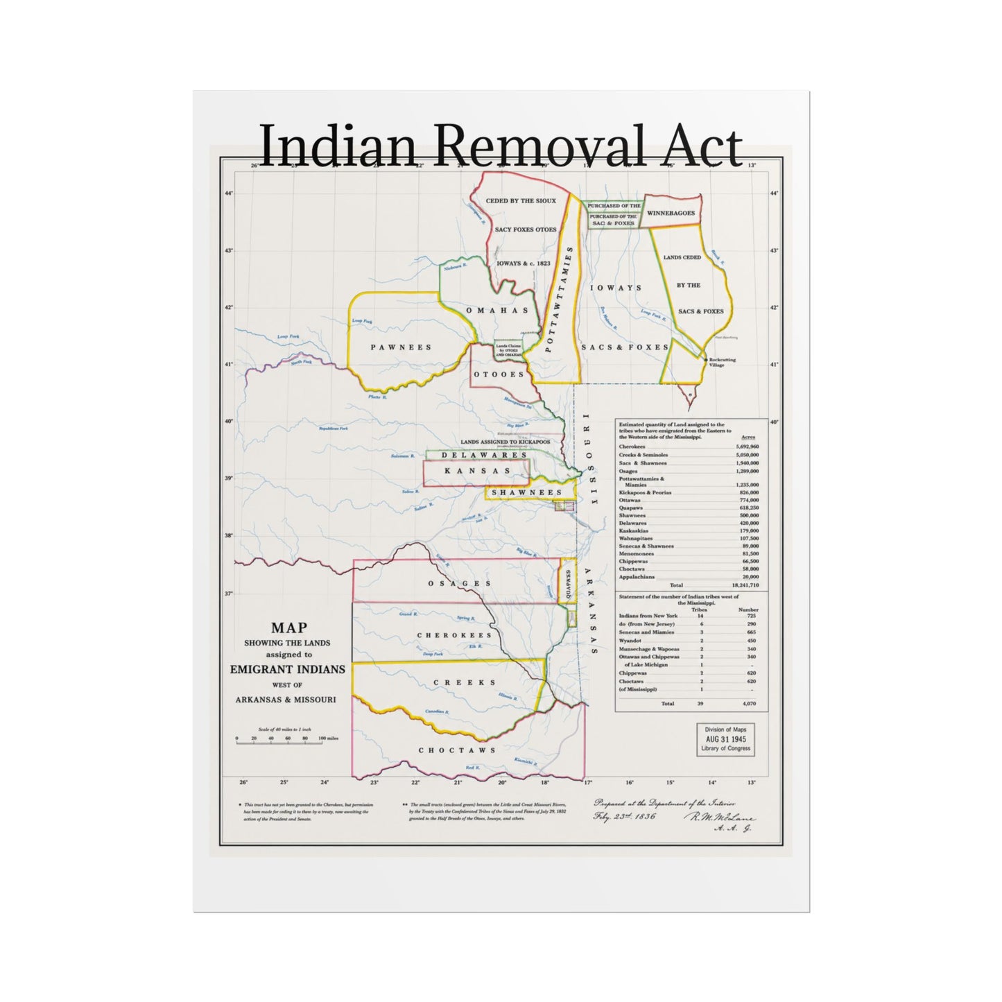 Indian Removal Act Historical Map Poster — Rolled Vintage Map Wall Art