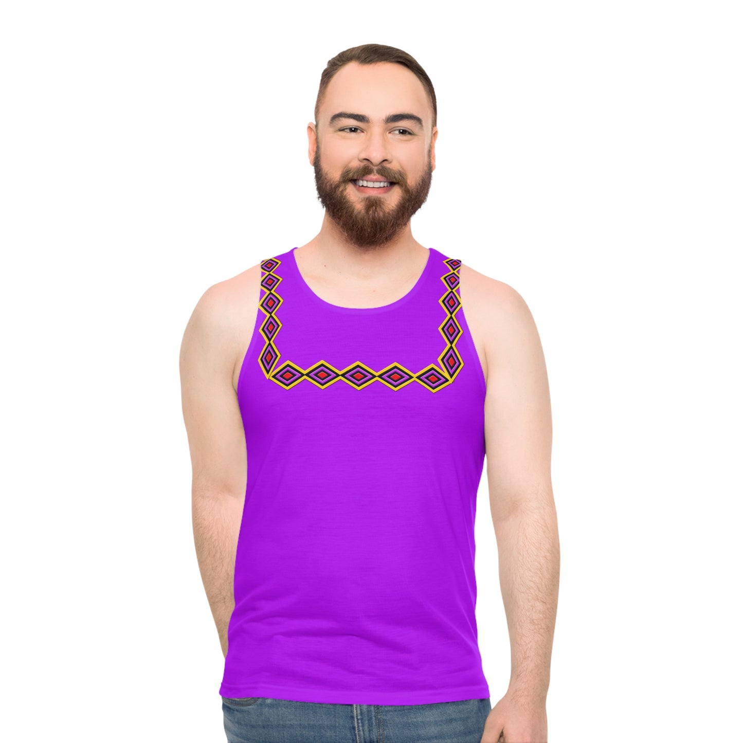 Chahta Purple Geometric Yoke Tank Top — Bold Tribal Diamond Pattern AOP