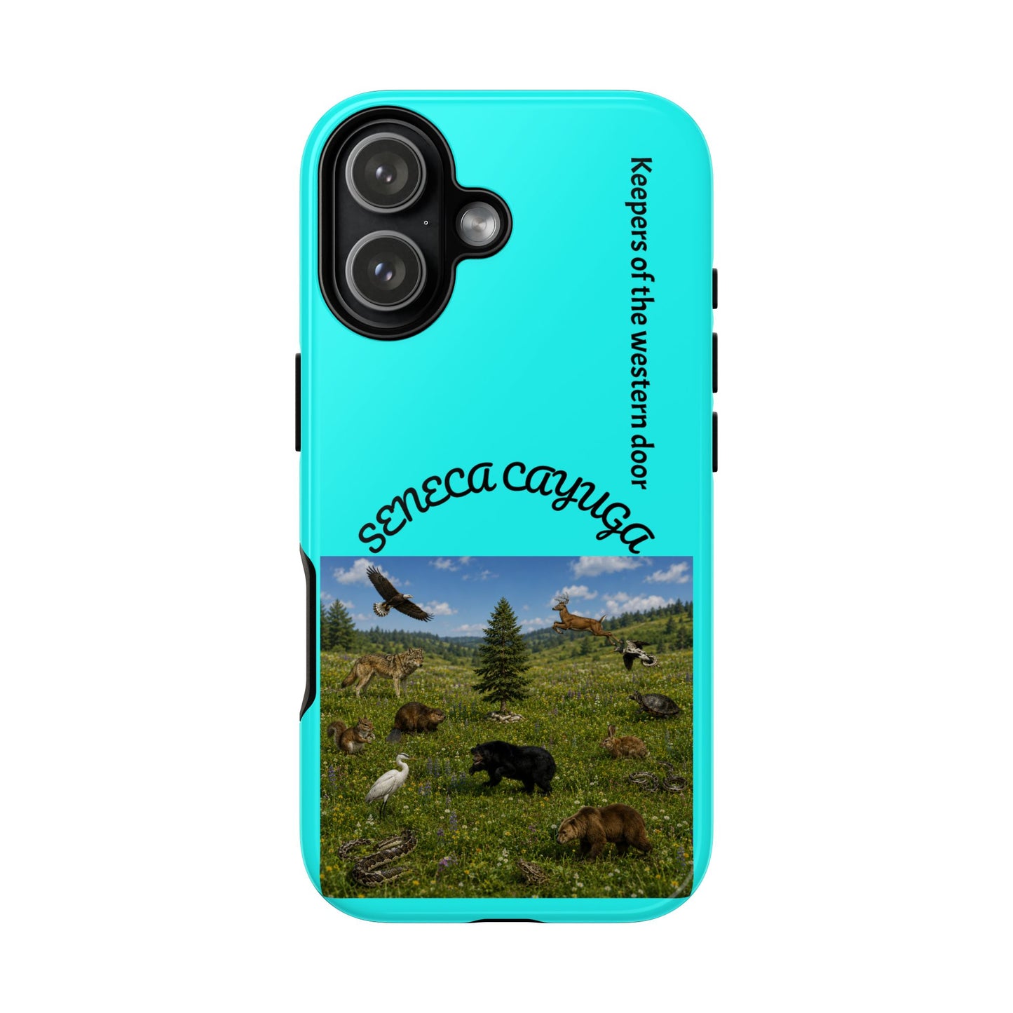 Seneca Cayuga Wildlife iPhone Case — "Keepers of the Western Door" Teal Protective Cover