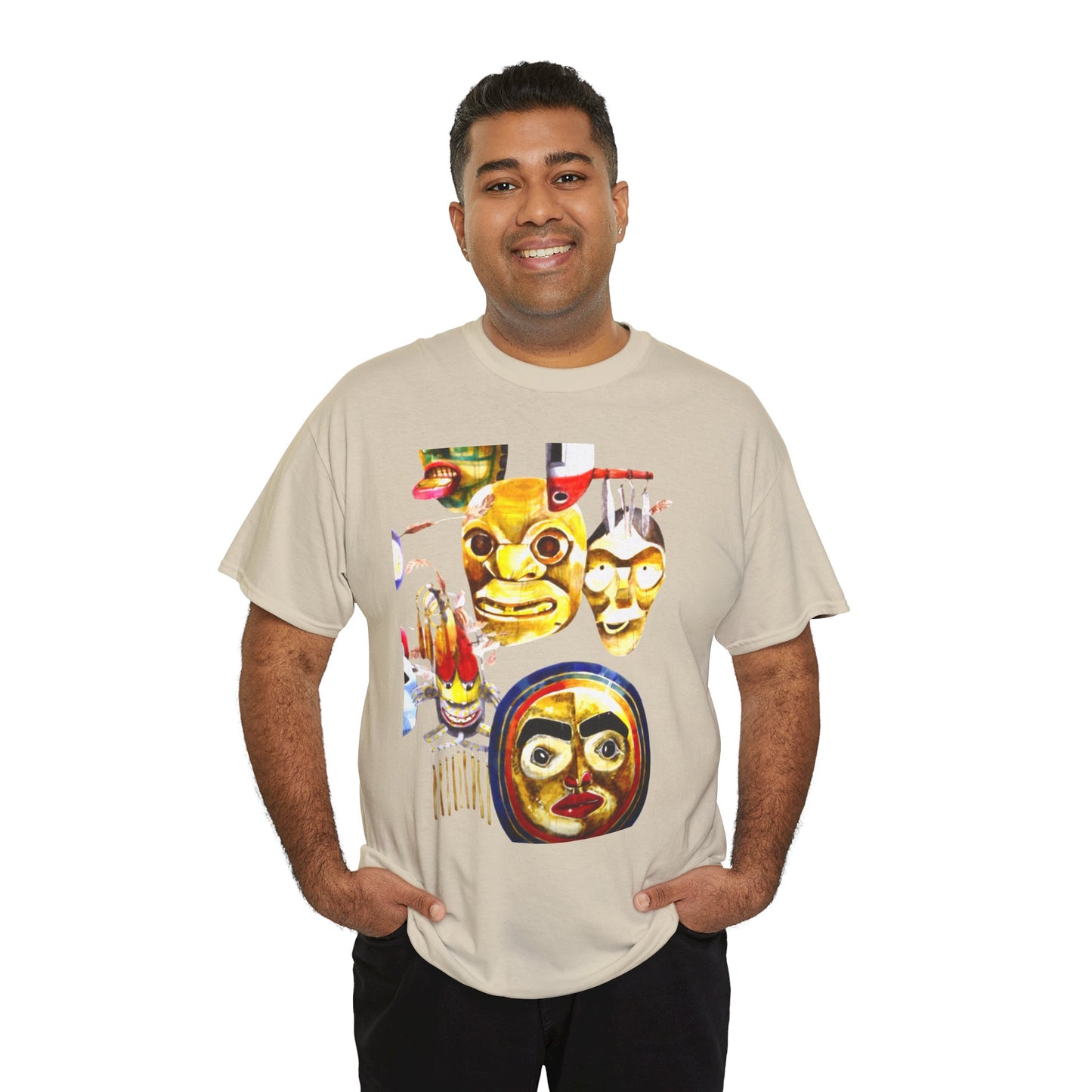 Mask Print Tee — Tribal Mask Artwork T‑Shirt with Arrow Backprint