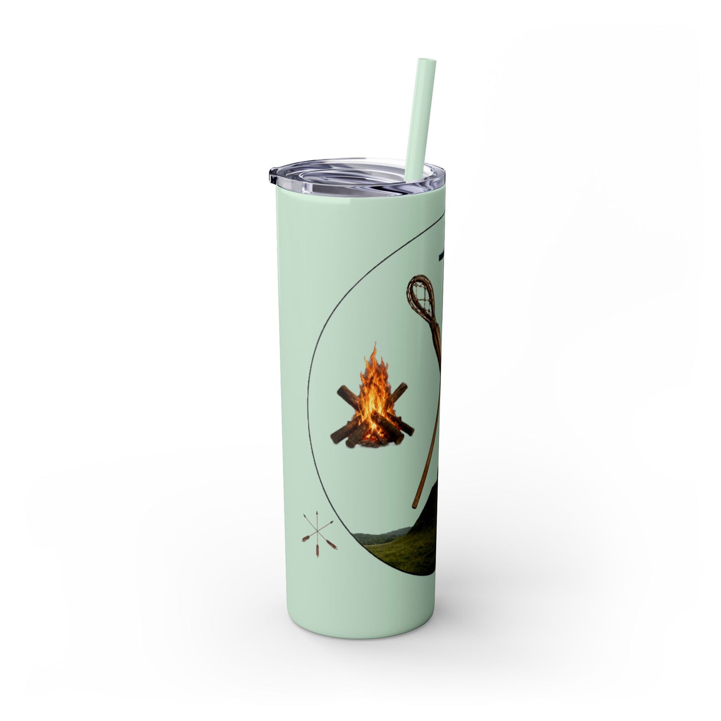Kialegee 20oz Skinny Tumbler — Faith & Outdoor Lacrosse Design with Cross, Sticks, Campfire