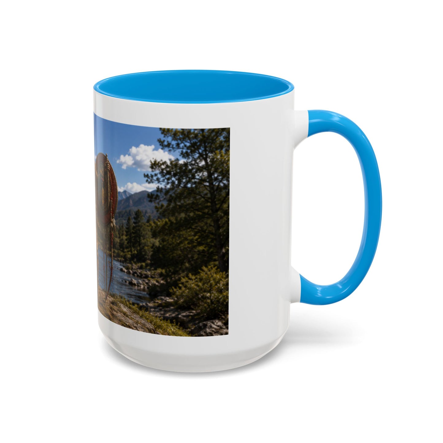 Chickasaw Warrior Statue Scenic Mug — Mythic Landscape Coffee Cup (11oz/15oz)