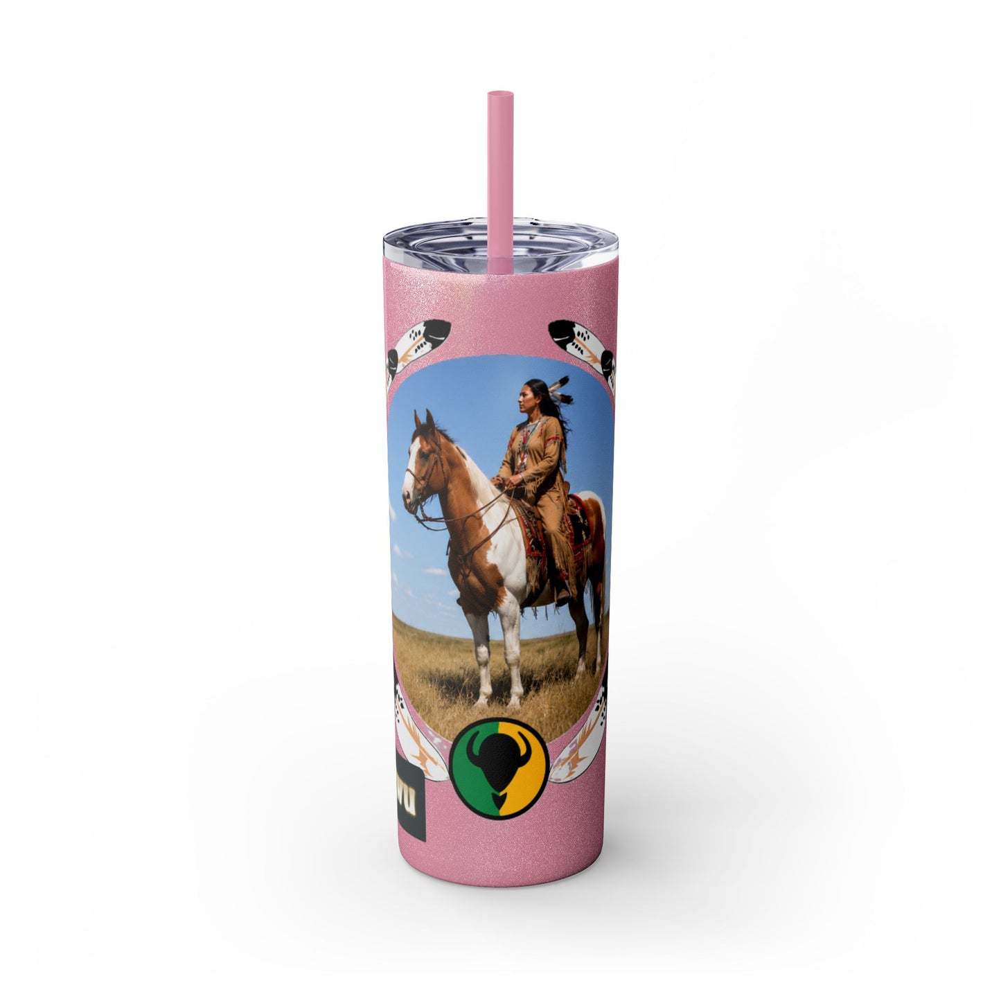 Kiowa Native Warrior on Horse 20oz Skinny Tumbler — Indigenous Heritage Travel Cup with Straw
