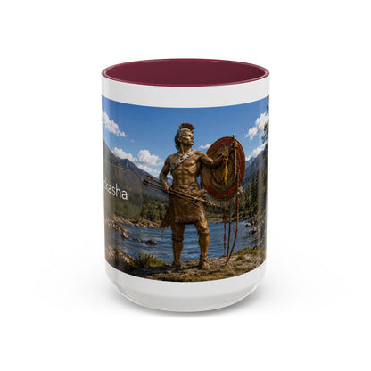 Chickasaw Warrior Statue Scenic Mug — Mythic Landscape Coffee Cup (11oz/15oz)