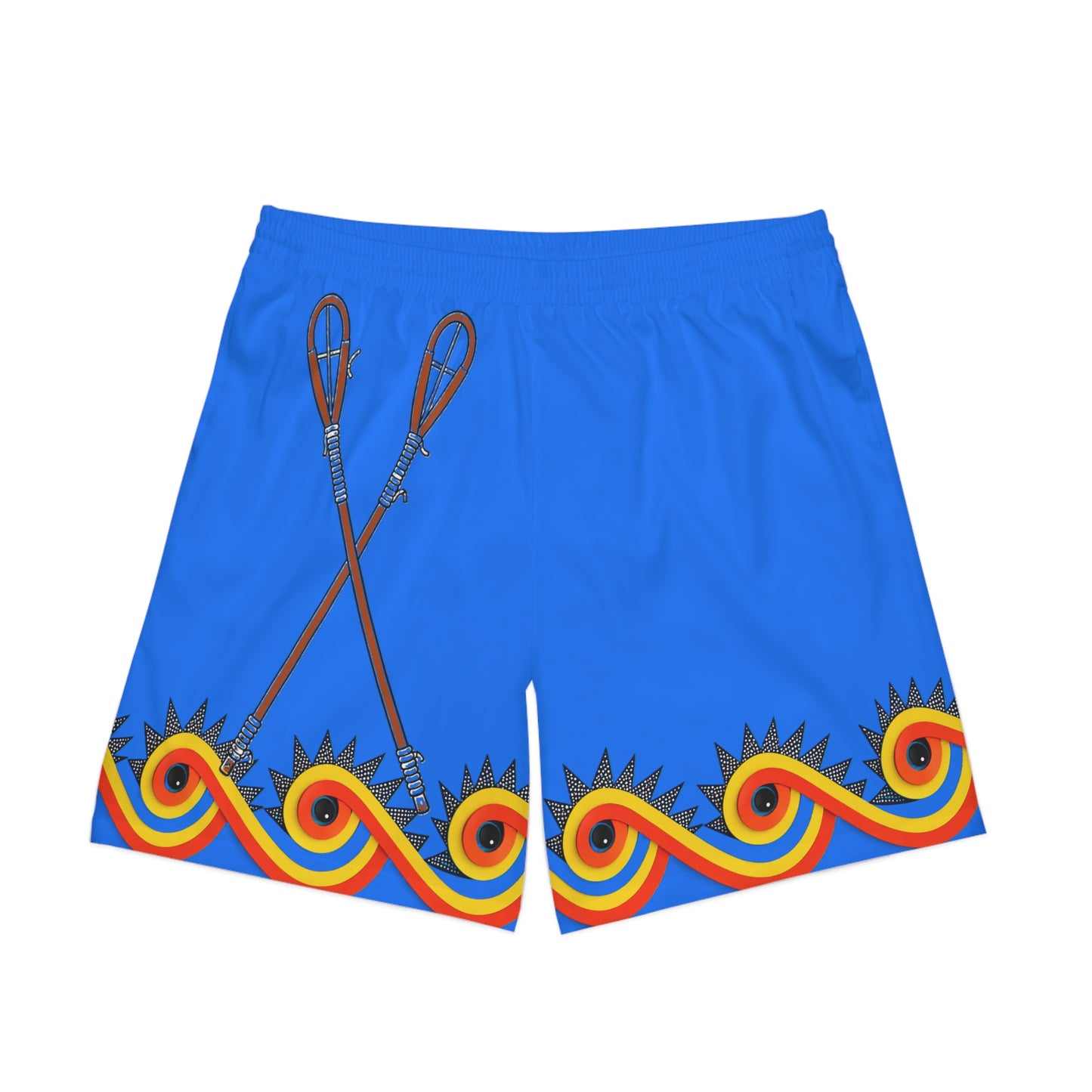 Men's Beach Shorts — Blue Surf Pattern with Paddle & Retro Wave Border