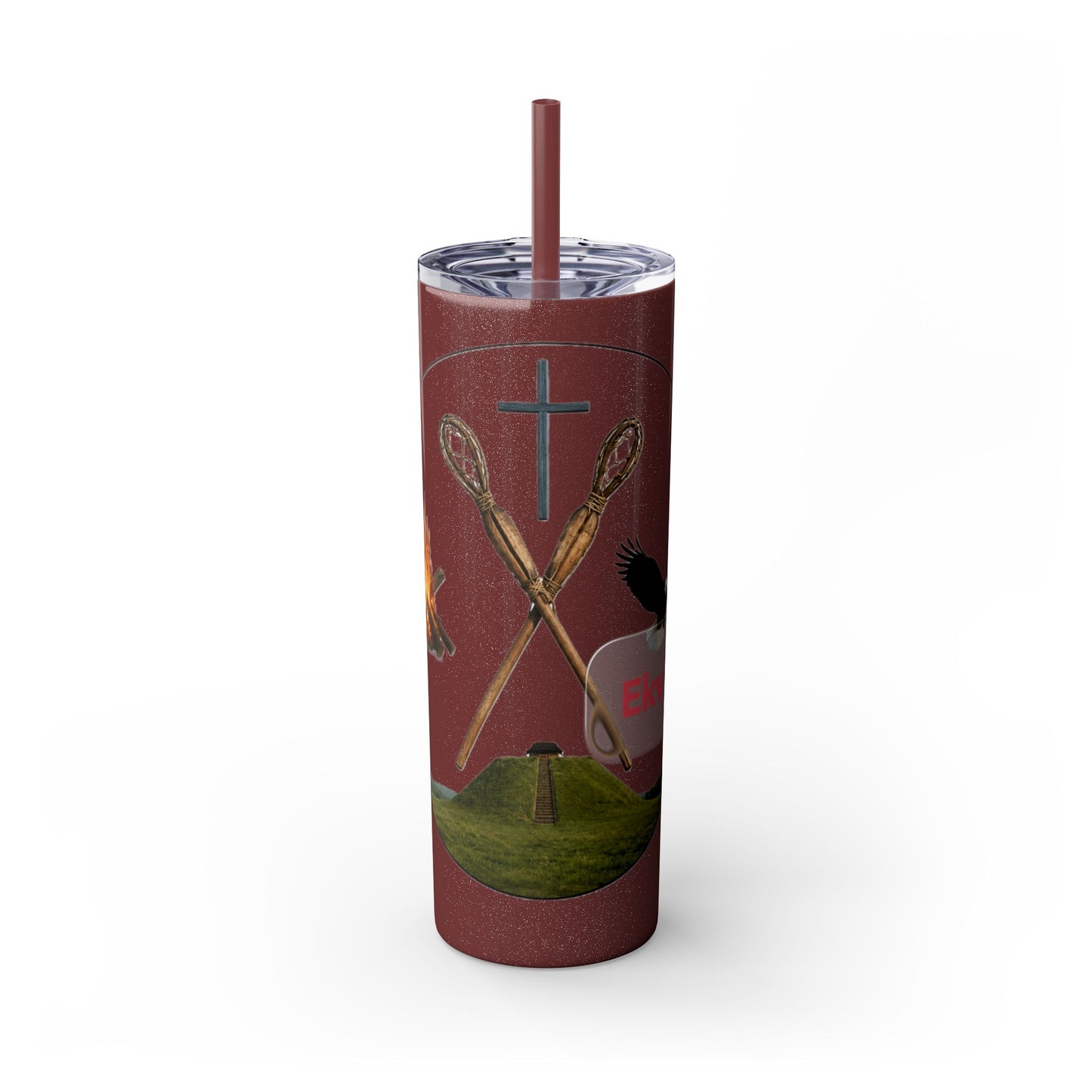 Kialegee 20oz Skinny Tumbler — Faith & Outdoor Lacrosse Design with Cross, Sticks, Campfire