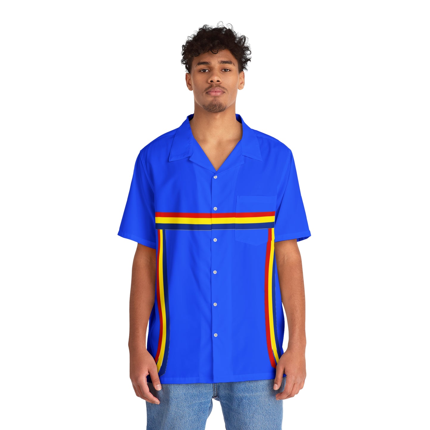 Ribbon Shirt inspired Blue Hawaiian Shirt with Rainbow Ribbon Trim — Men's Aloha Shirt