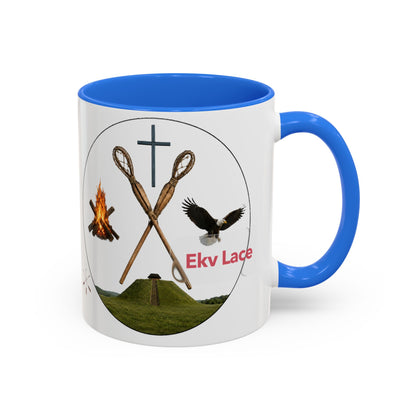 Kialegee Adventure Mug — 'Ekv Lace' Cross, Eagle & Campfire Ceramic Coffee Cup (11oz/15oz)