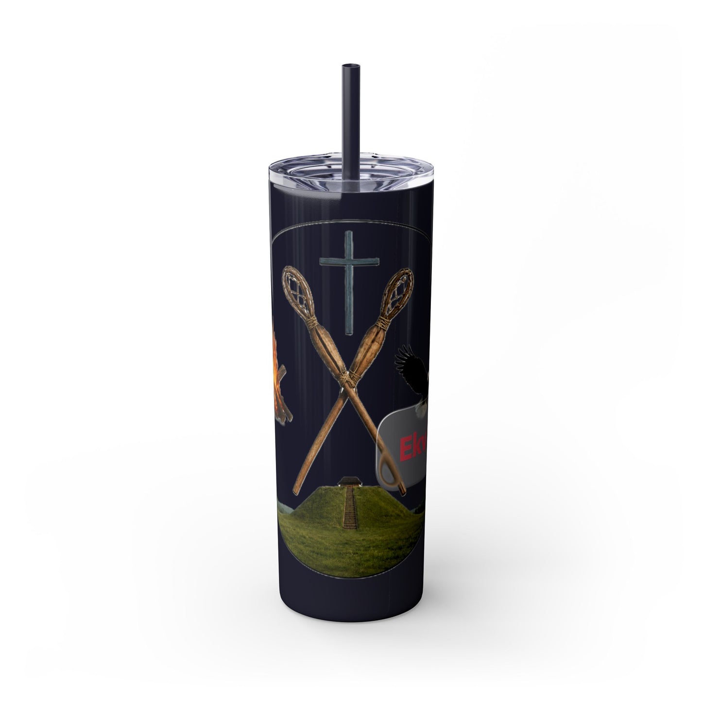 Kialegee 20oz Skinny Tumbler — Faith & Outdoor Lacrosse Design with Cross, Sticks, Campfire
