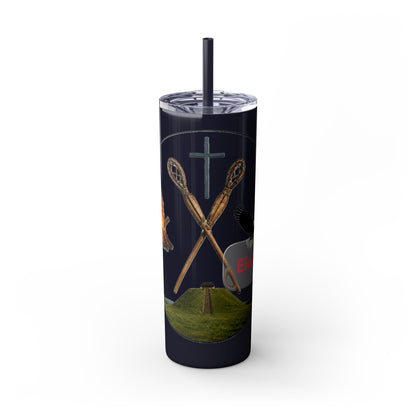 Kialegee 20oz Skinny Tumbler — Faith & Outdoor Lacrosse Design with Cross, Sticks, Campfire