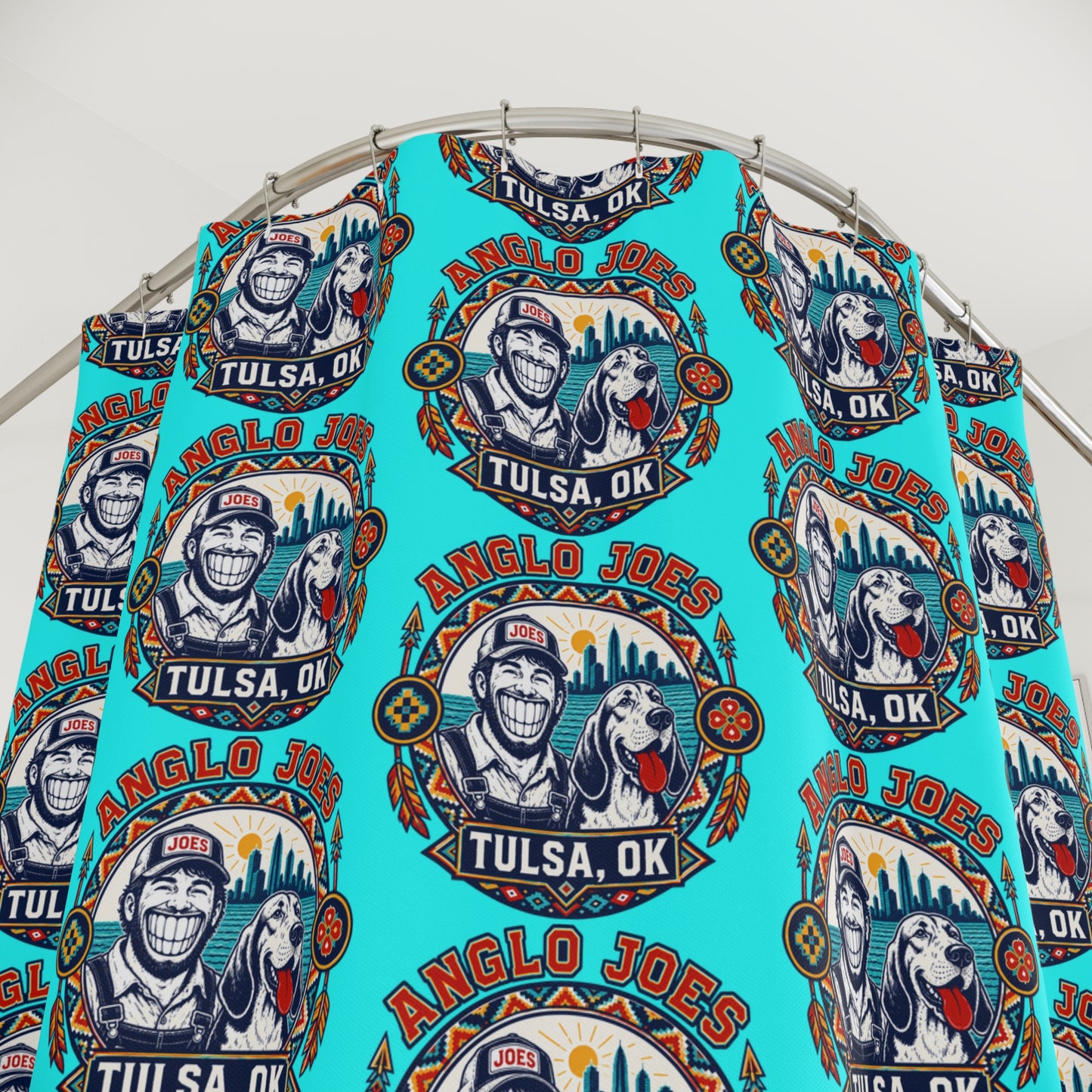 Tulsa Anglo Joe's Patterned Shower Curtain — Retro Logo Bathroom Décor