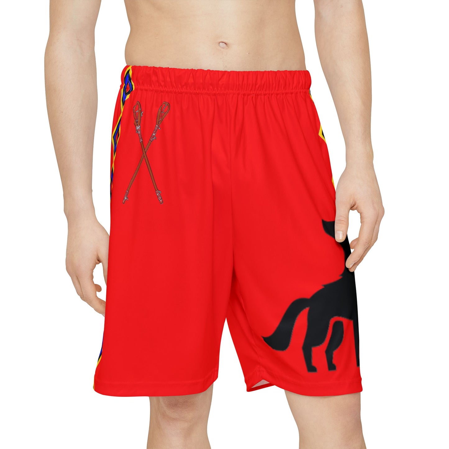 Wolf Mvskoke Graphic Sports Shorts — Red Tribal Print YAHV Athletic Shorts