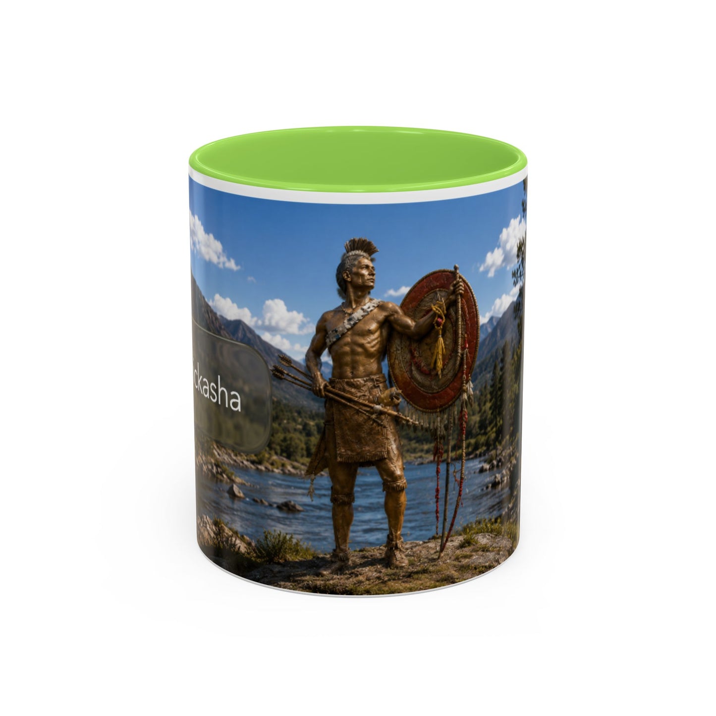 Chickasaw Warrior Statue Scenic Mug — Mythic Landscape Coffee Cup (11oz/15oz)
