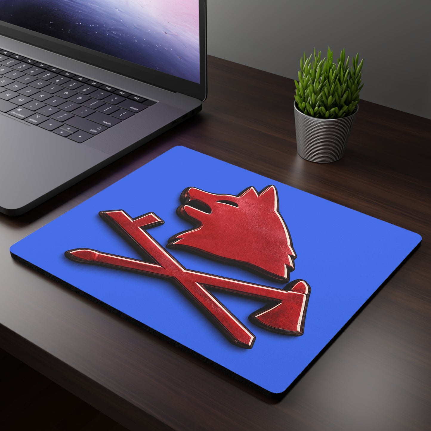 Pawnee Red Wolf & Axes Rectangular Mouse Pad — Gaming Desk Mat, Blue Background
