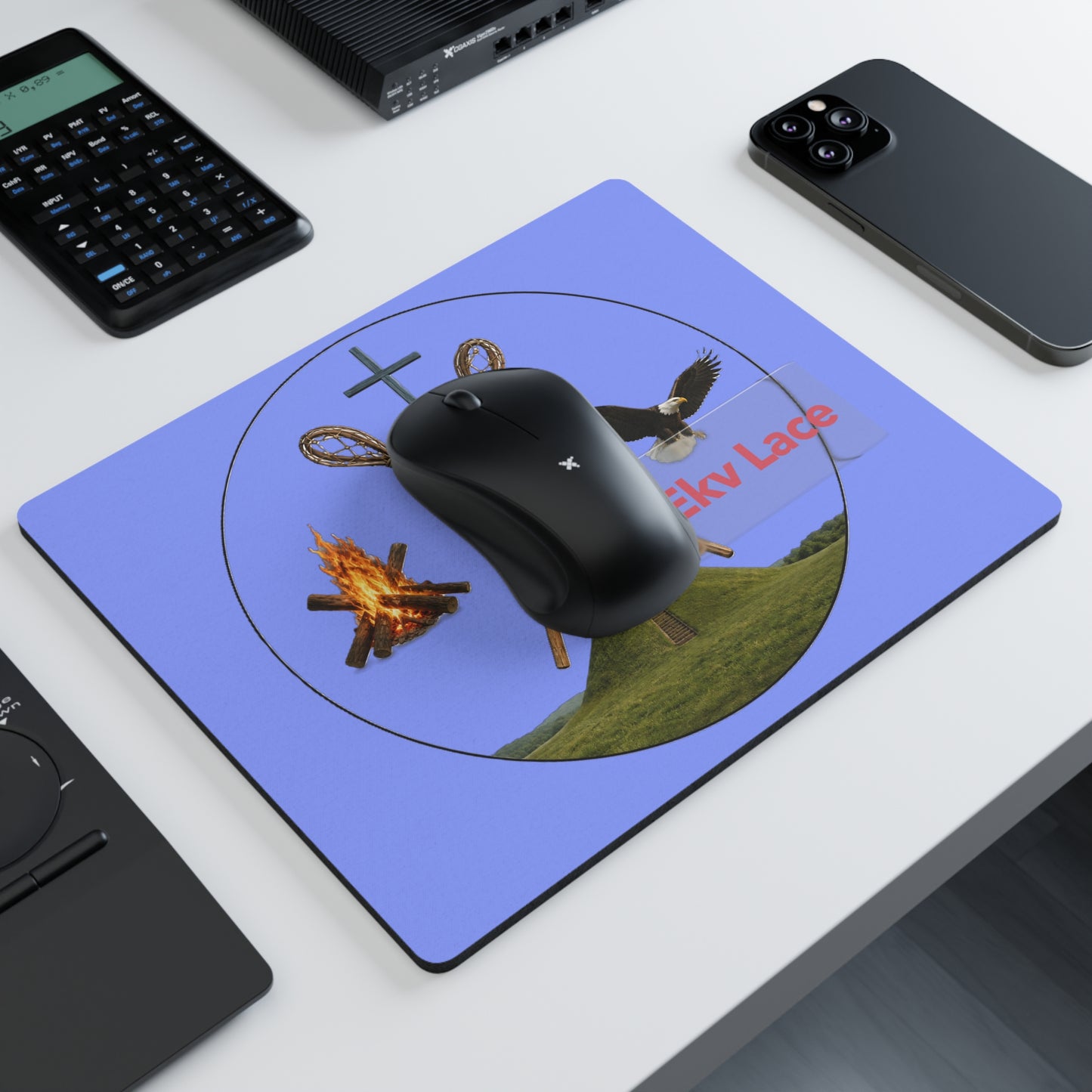Kialegee Hilltop Lacrosse Mouse Pad — Campfire, Eagle & Cross Design