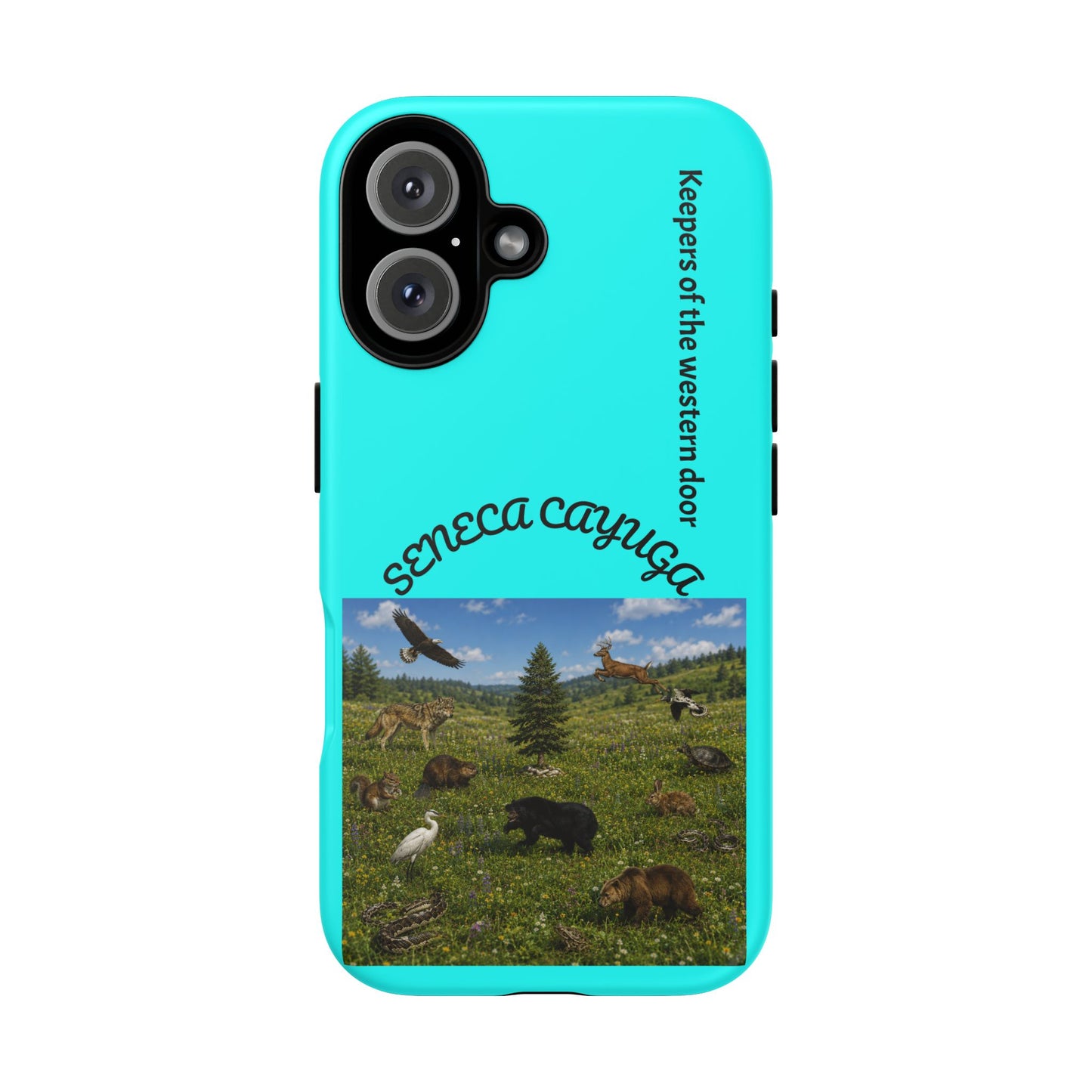 Seneca Cayuga Wildlife iPhone Case — "Keepers of the Western Door" Teal Protective Cover