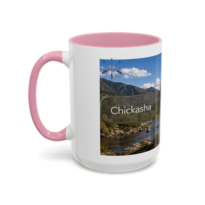 Chickasaw Warrior Statue Scenic Mug — Mythic Landscape Coffee Cup (11oz/15oz)
